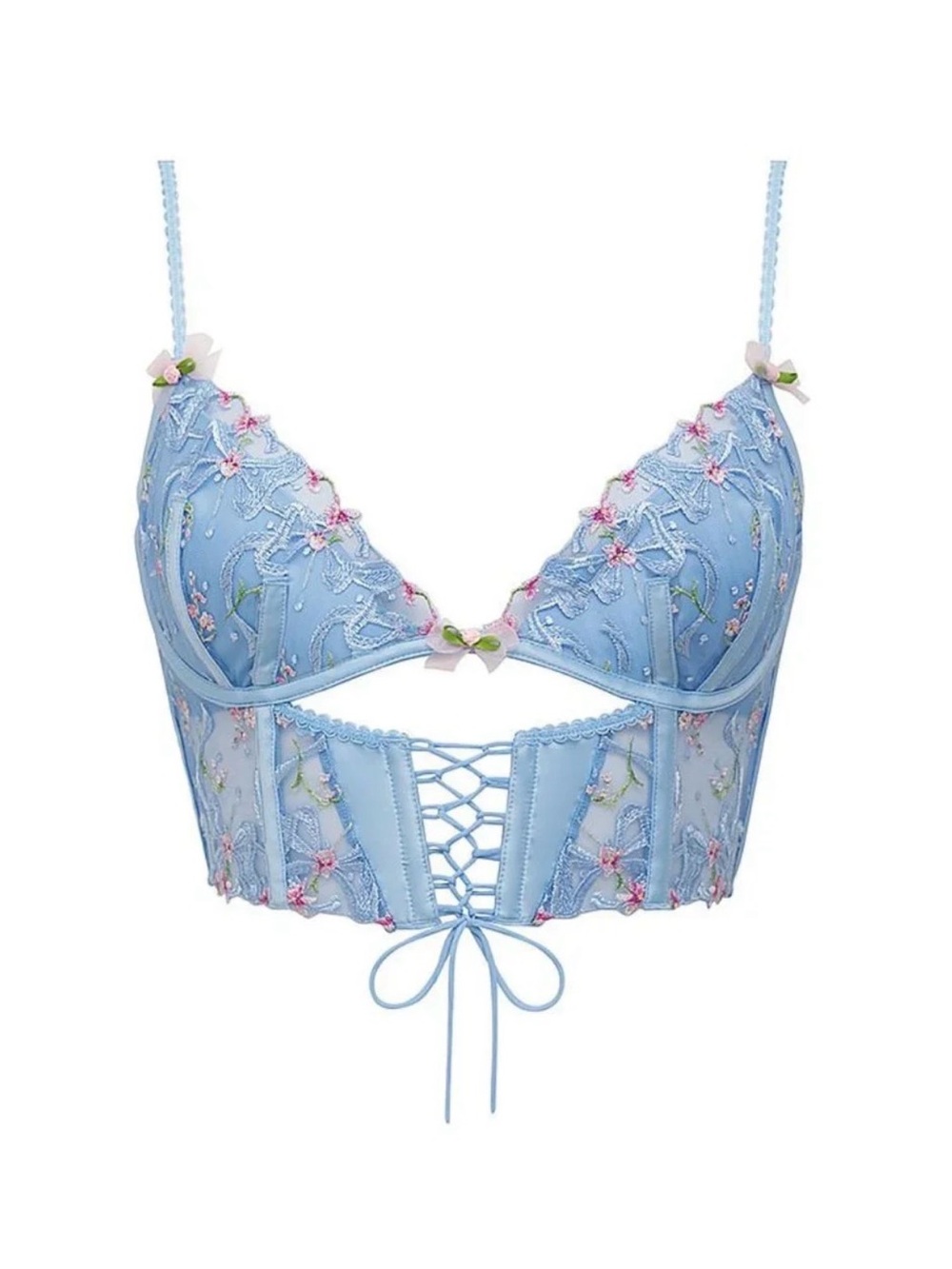 For Love & Lemons Belle Bow Bustier Blue Floral Lace-Up NWT